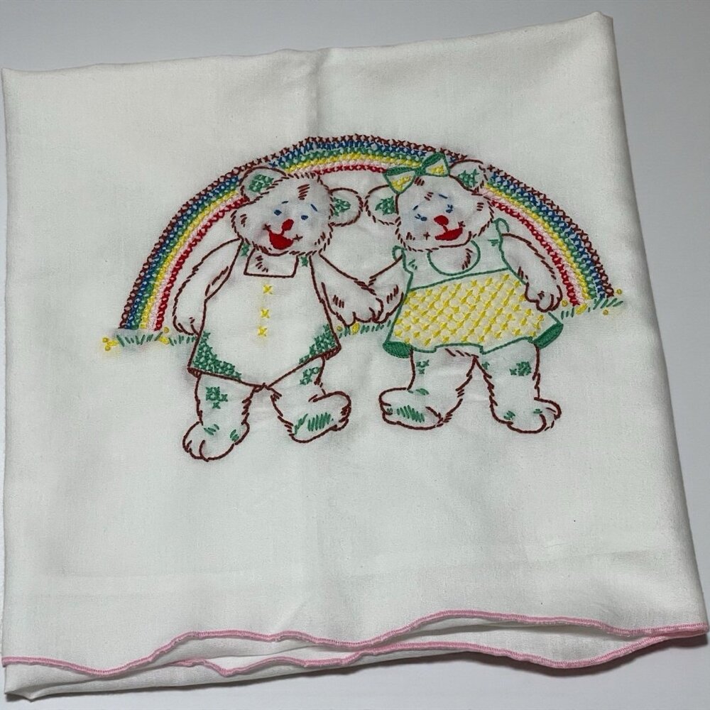 Vintage Handmade Rainbow Bears  Cross-stitch Small Table Linen